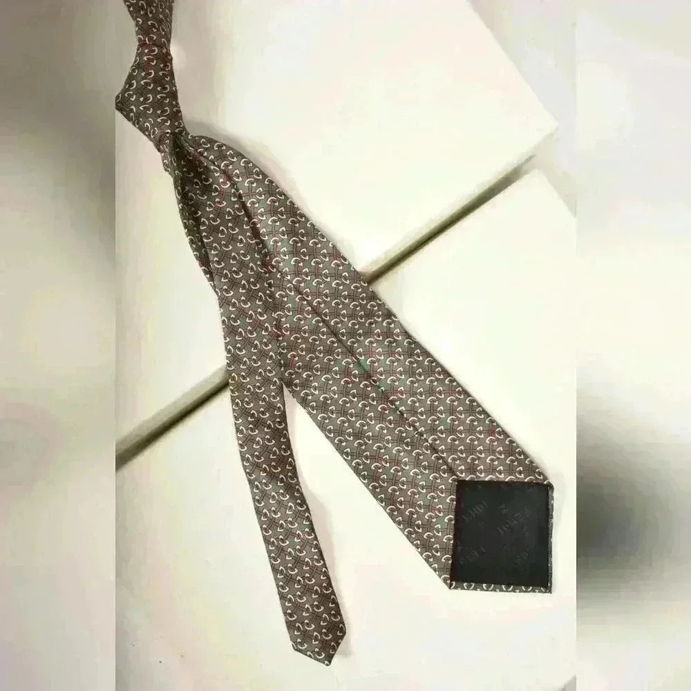 1980s FENDI Green Red Chain Motif Geometric 100% Silk  Tie 3.5" Made in Italy